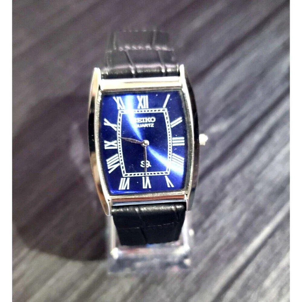 *RARE NOS Seiko Mens Tank Barrel Blue Satin Roman Dial‎ Black Leather band…